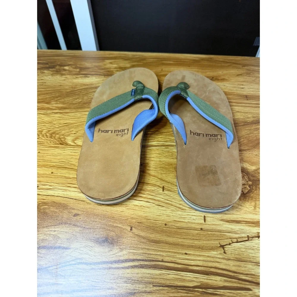 Hari Mari Fields Men's Flip Flops Green Tan Leather Footbed Sandals Size 8